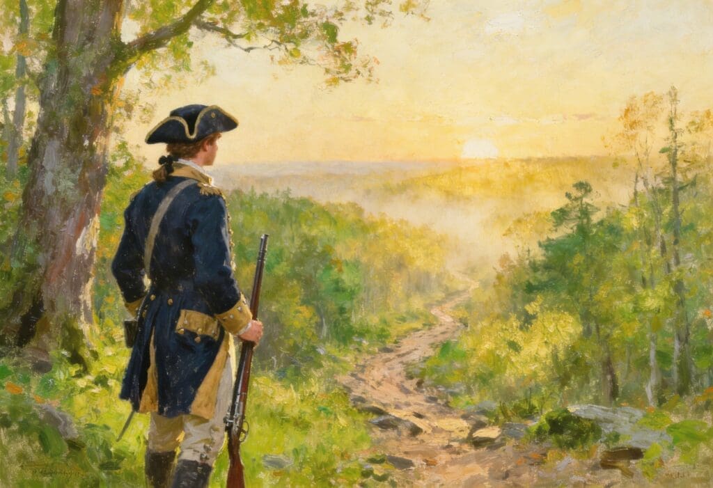 Continental Army soldier in blue coat and tricorn hat holding a musket at sunrise, representing Henry Bradford's Revolutionary War service in the 3rd Virginia Regiment.