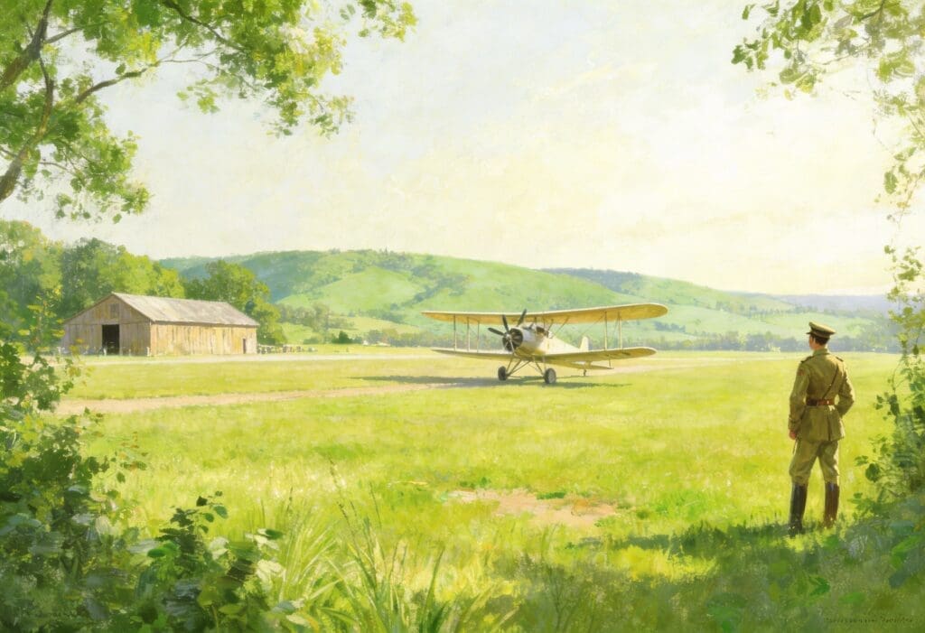 Oil painting-style illustration of a vintage biplane on a grass airfield in Middle Tennessee, with a military officer in uniform standing at the tree line watching it taxi. A wooden hangar sits to the left and rolling green hills stretch across the horizon—evoking the founding of Berry Field by Colonel Harry Smith Berry in 1928, the predecessor to Nashville International Airport (BNA) and a cornerstone of Nashville aviation history tied to the Bradford-Berry House legacy.