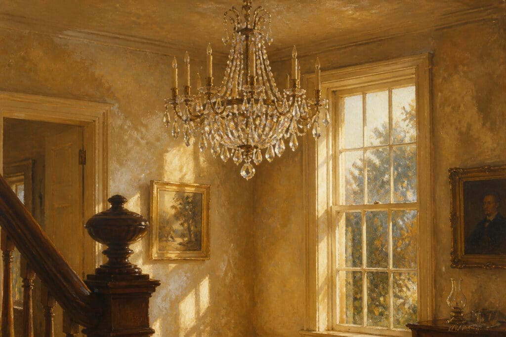 Artist's rendering of how the Bradford-Berry parlor might've looked: a crystal chandelier with candle arms hangs above a carved staircase newel post, beside a tall paned window in warm afternoon light.