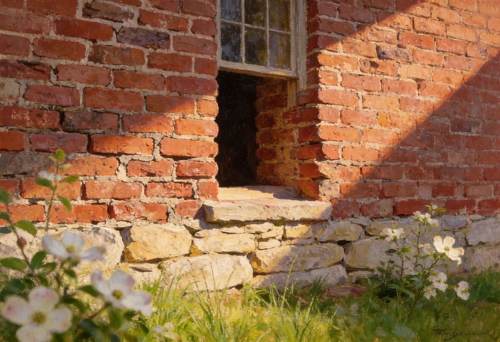 Architectural close-up of the Bradford-Berry House in Sumner County, Tennessee, showing the two-foot thickness of its hand-fired 1790s brick walls at a window reveal, native limestone foundation visible below.
