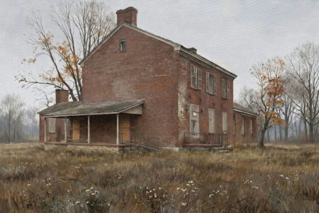 Oil painting of the weathered two-story red-brick Bradford-Berry House on an overcast autumn day, its windows boarded and its front porch empty, standing in tall dry grass among bare trees.