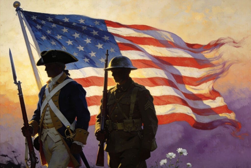 Painterly tribute of a Revolutionary War Continental soldier and a World War I-era soldier before an American flag, honoring the Bradford and Berry legacies and America's 250th in Hendersonville, Sumner County, Tennessee.