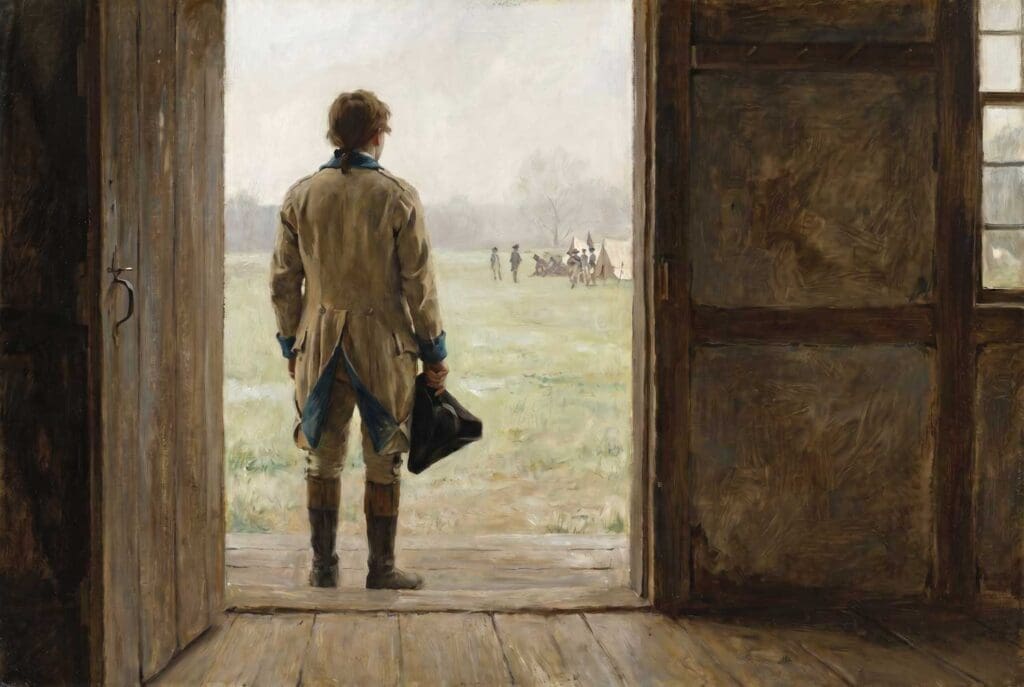 Oil painting of a teenage Continental Army recruit, c. 1775, seen from behind in a Virginia tailor's doorway, looking out toward a distant muster field where soldiers gather.